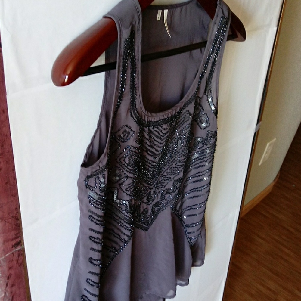 Studio Y Gray Embellished Tube Beads Top Size S - Picture 2 of 7